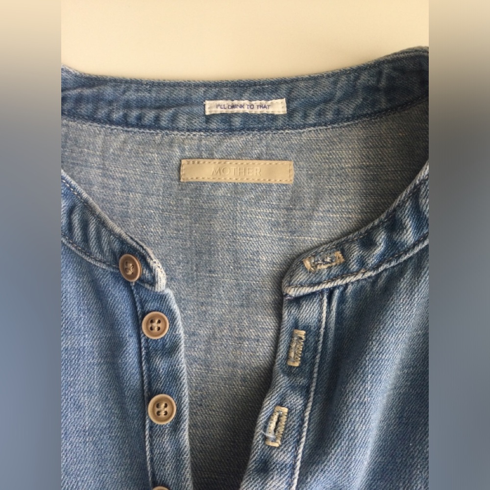 MOTHER Denim The Giggler Top Salt/Lime Blue Jean Button Babydoll S $255 - Picture 14 of 16